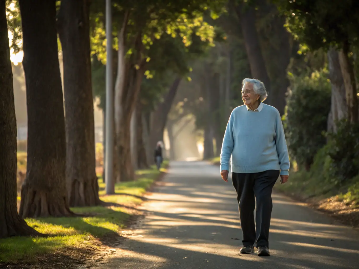 A senior patient happily walking with a doctor in a park, discussing geriatric care and healthy lifestyle choices.